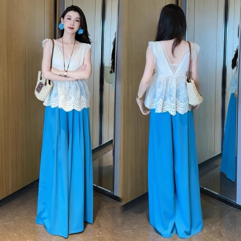 时尚套装女2025夏季新款时髦洋气V领无袖蕾丝衫阔腿裤气质两件套