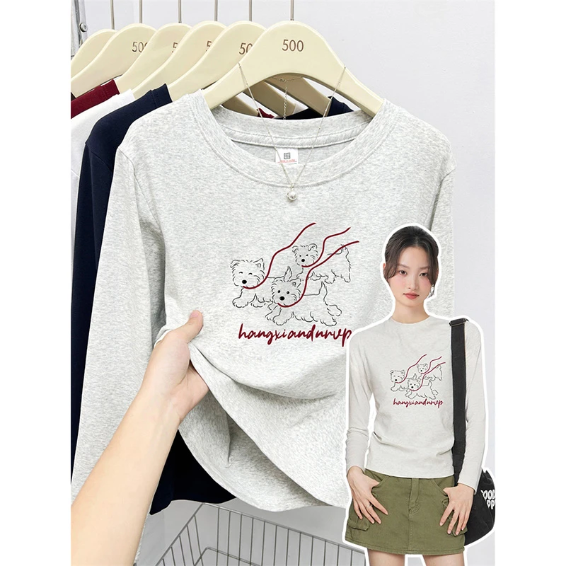 品质白灰色小狗长袖t恤女秋冬圆领修身正肩弹力棉大码女装上衣ins