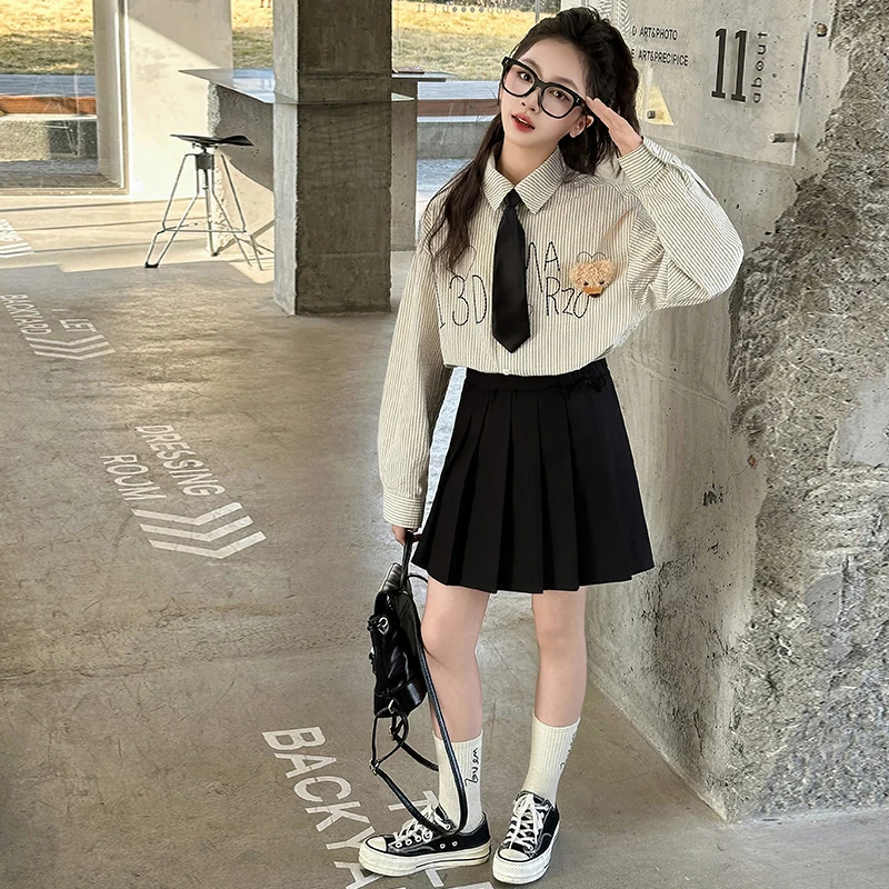 女童学院风套装春秋款2025新款女大童条纹衬衫百褶裙两件套JK春装