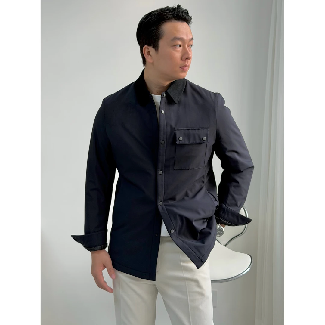 M183桑蚕丝抗风防泼秋冬翻领长款行政夹克棉服男士高级休闲百搭