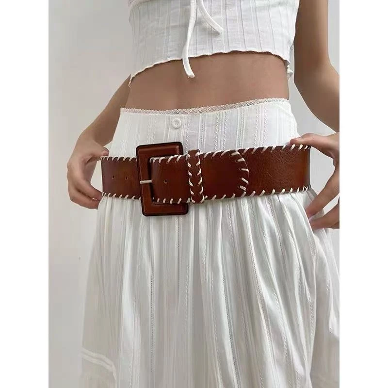 新款高级感百搭复古法式时髦棕色编织辑线腰带宽边腰封皮革皮带