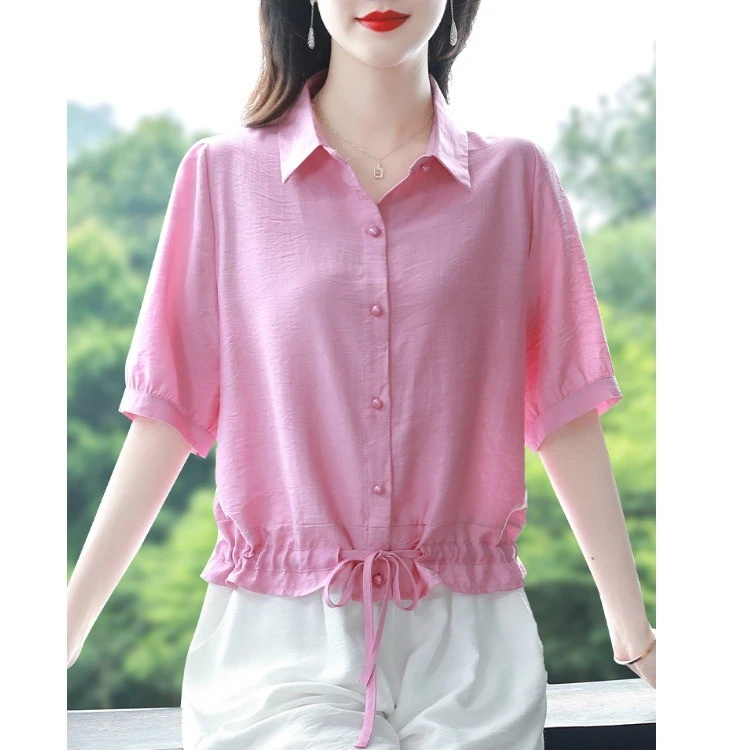 九月墨陌大码棉麻短袖衬衫女2024夏装纯色宽松显瘦百搭翻领上衣潮