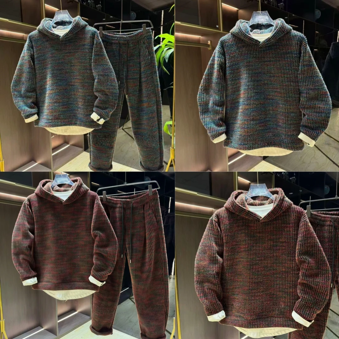 冬季彩色拼接时尚绒感重磅保暖厚款情侣款连帽卫衣休闲裤套装