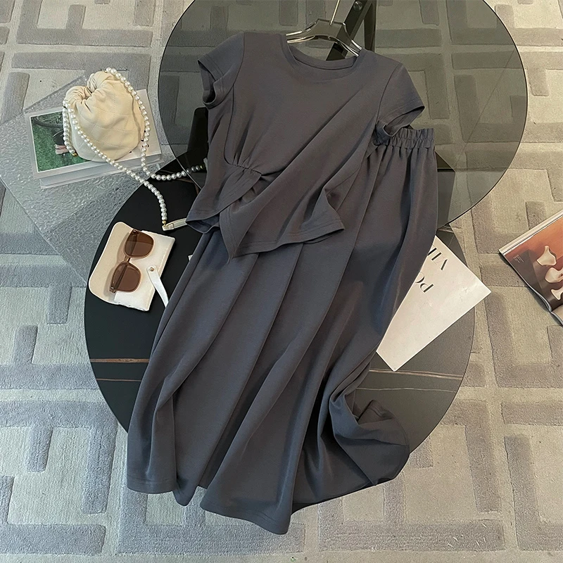 韩版女夏季新款时尚洋气套装裙圆领不规则短袖上衣半身裙两件套潮