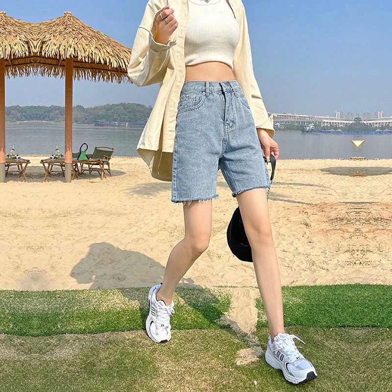 纯色夏季印染透气辣妹风遮肉短裤外穿显瘦宽松牛仔