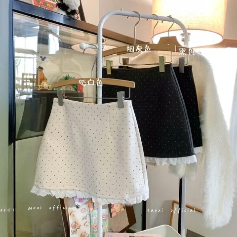春夏新款高腰波点包臀裙A字裙甜美风蕾丝拼接半身裙短裙a字裙女装