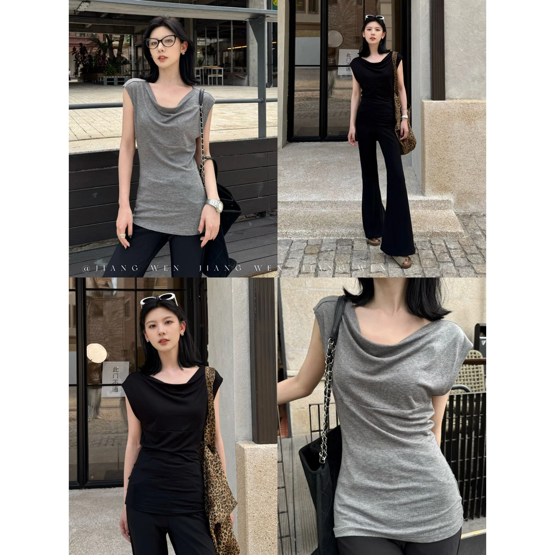 【引力TEE】设计感荡领修身不规则收腰上衣