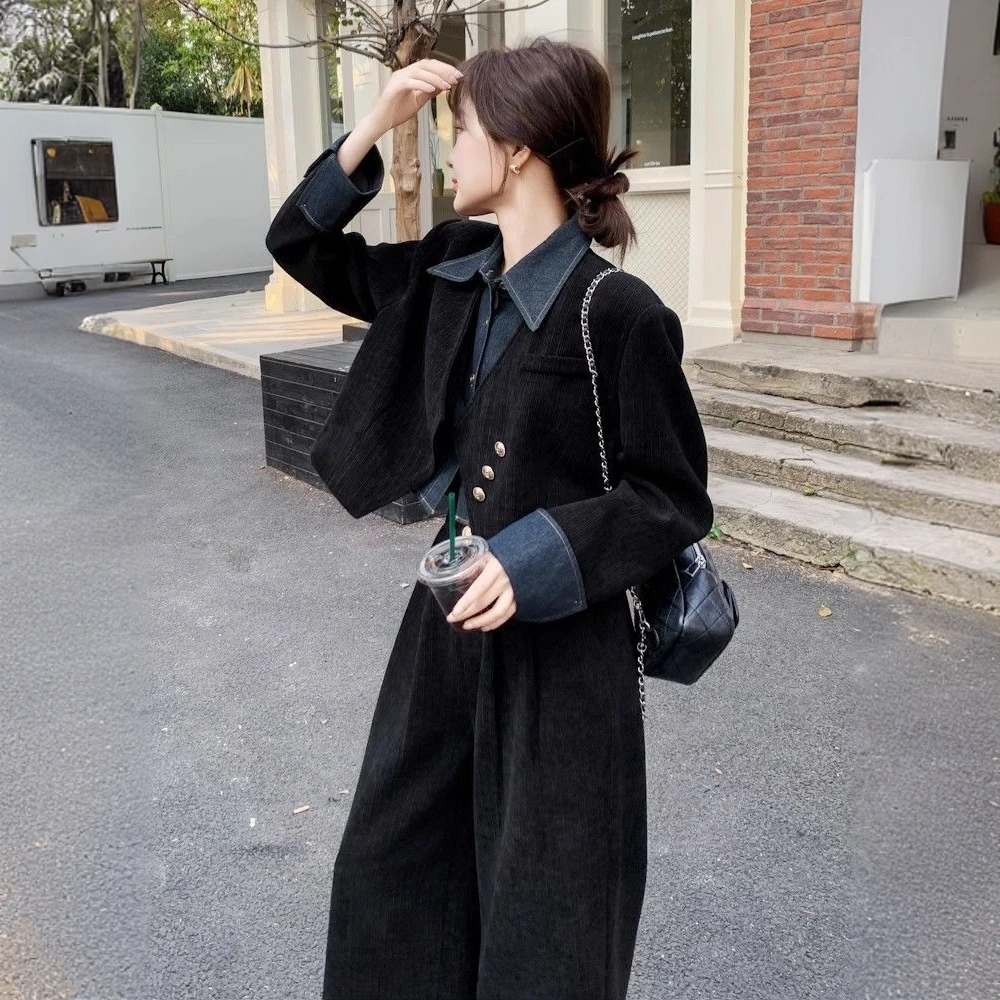 法式牛仔拼接上衣长裤两件套春秋季新款女装高级感套装气质阔腿裤