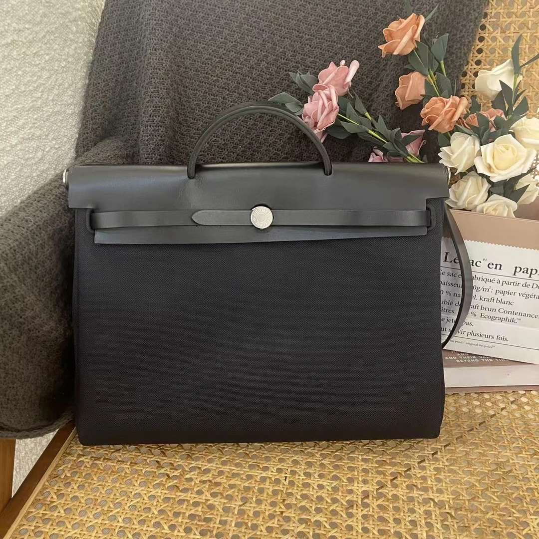 99新 Hermes/爱马仕 Herbag39  黑色银扣 帆布拼皮 B刻