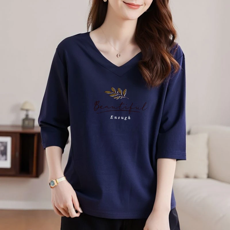 品牌折扣爆款100%纯棉新款春夏V领减龄休闲加宽加大女装七分袖t恤