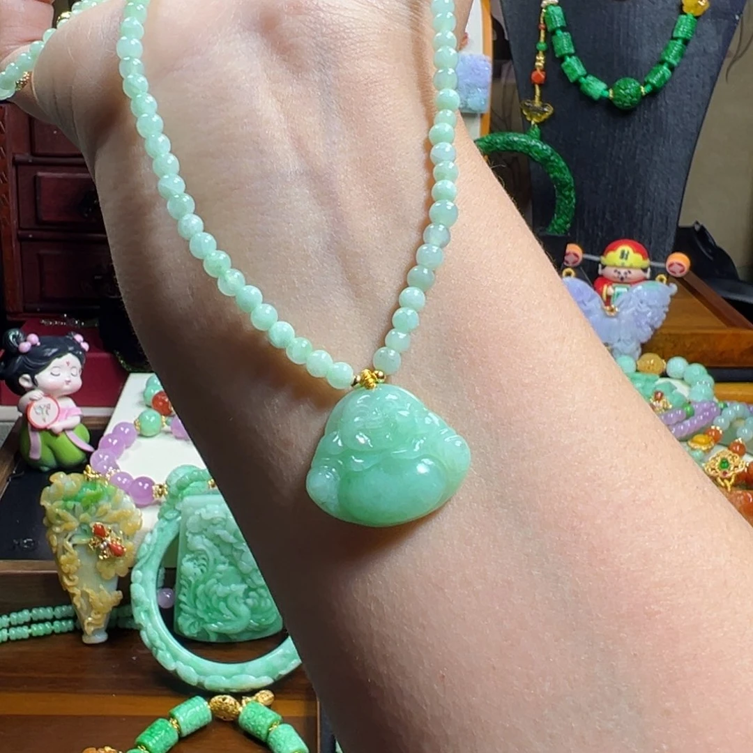 翡翠未镶嵌毛衣链冰绿佛公