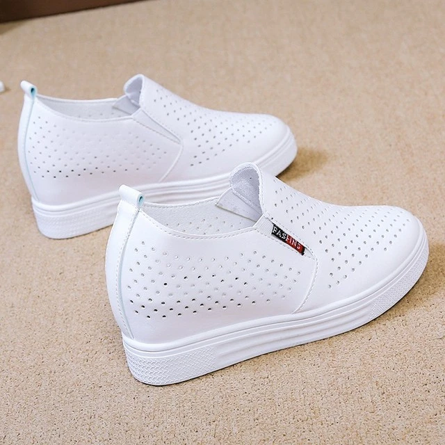 内增高小白鞋女2025春夏季百搭休闲一脚蹬懒人乐福鞋透气镂空网鞋