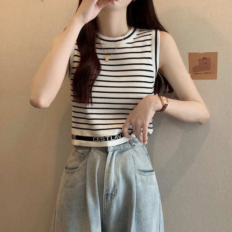 复古时尚小香风条纹针织背心女夏季外穿减龄洋气百搭短款上衣