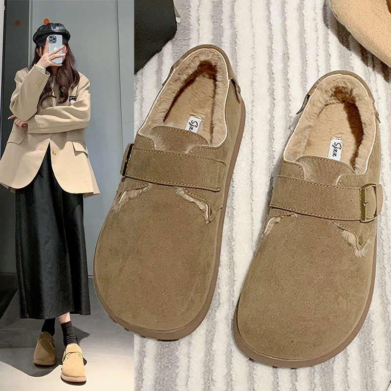 加绒加厚保暖勃肯鞋女2025冬季新款魔术贴复古懒人软底博肯棉鞋女