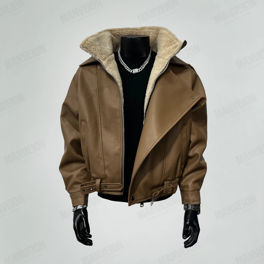 MANVEION美拉德猎装加绒加厚机车皮夹克防风保暖超短款秋冬肌理感