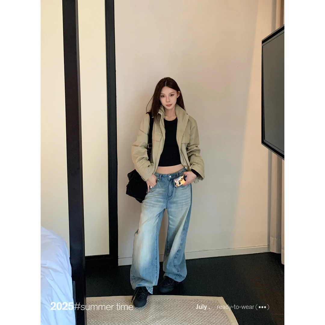 SUNONEONE 低腰旧弯刀牛仔裤女夏秋季宽松阔腿直筒休闲裤子H1238K