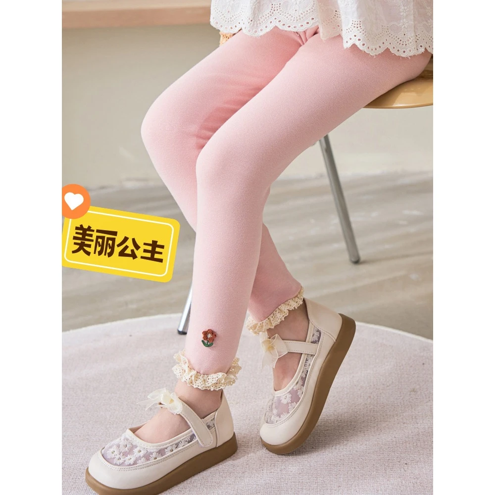 春秋女童打底裤 韩版童装裤子 美丽小花蕾丝花边儿童打底裤女童裤