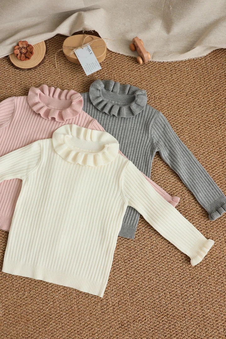 2025木耳边打底少女风童装休闲风针织衫女童女韩版圆领打底毛衣