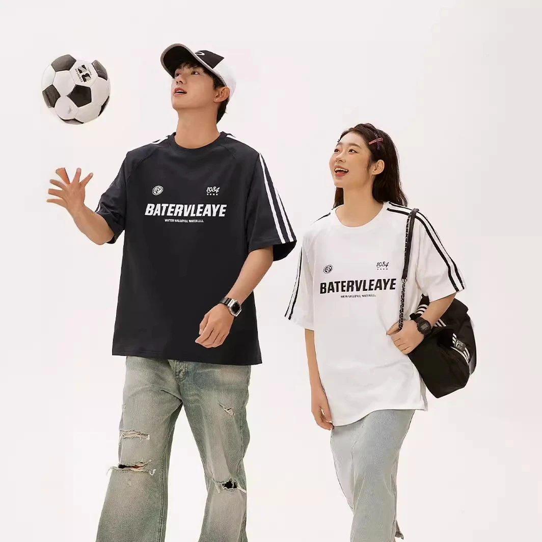 夏季新款美式复古插肩撞色印花短袖T恤男款潮牌情侣半袖上衣纯棉