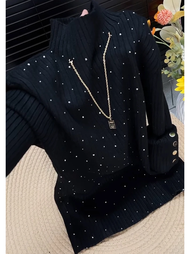 黑色满天星袖扣项链针织衫女秋季2025新款修身显瘦半高领打底上衣