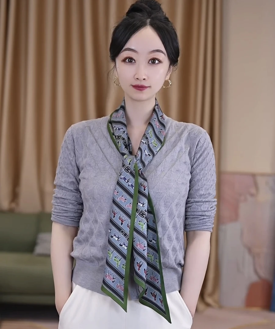 桑丝绫双层100纯桑蚕丝窄长条丝巾女飘带时尚真丝领巾骏马列队