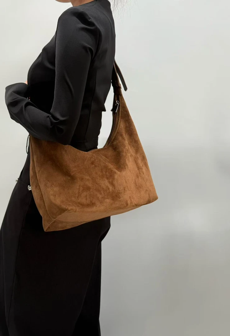 复古绒面托特包简约风女士文艺单肩包百搭拉链可折叠单肩托特包软