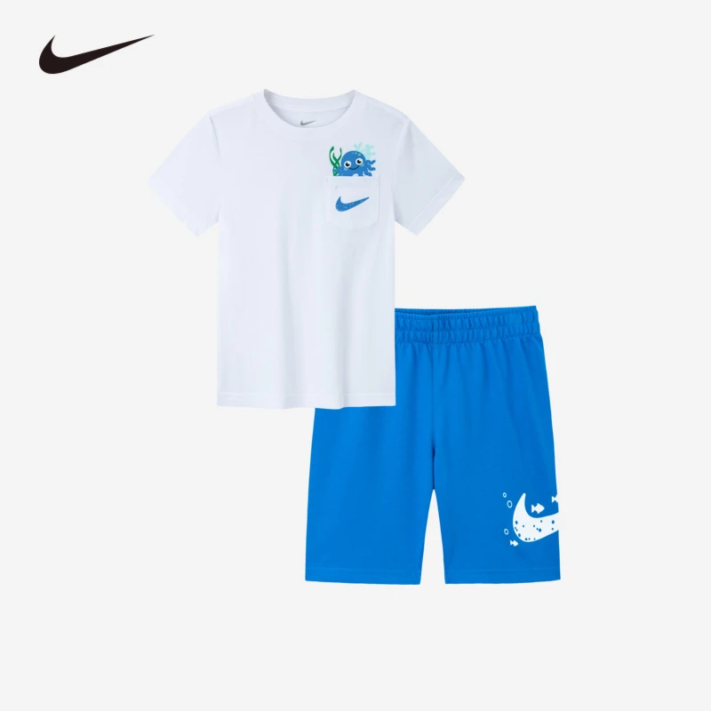 NIKE耐克夏季休闲运动男童短袖中大童短裤舒适儿童套装夏装蓝色