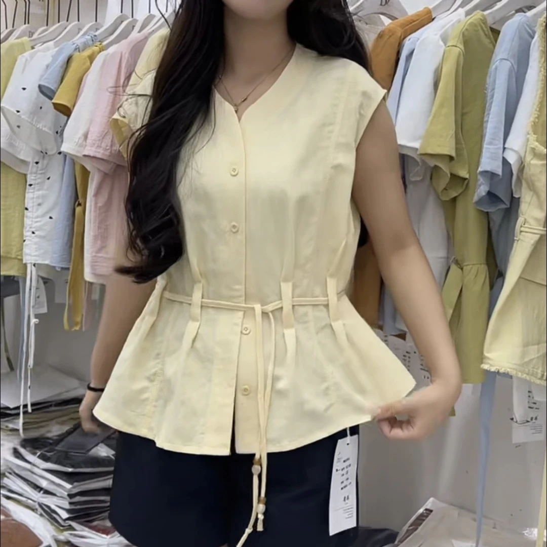 夏新款时尚百搭圆领系带收腰无袖衬衫女气质小衫上衣