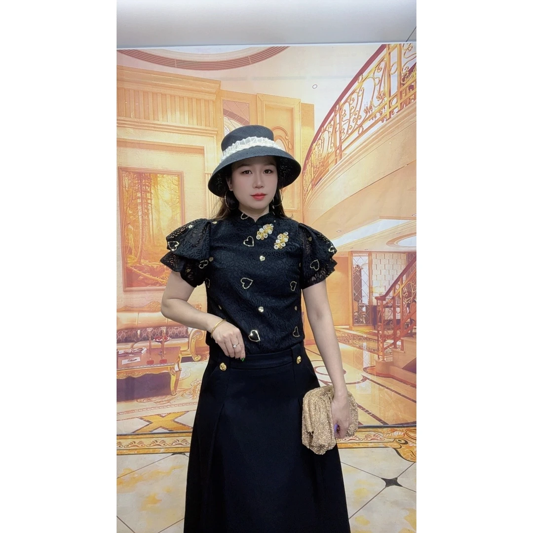 5075新中式立领气质修身蕾丝短袖T恤女夏季