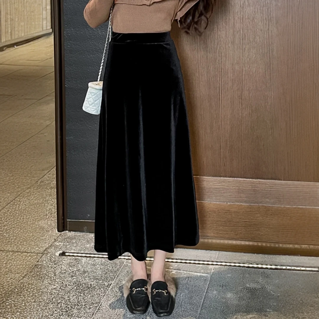 【晨浠定制】新款时尚百搭净版丝绒中长半裙2318