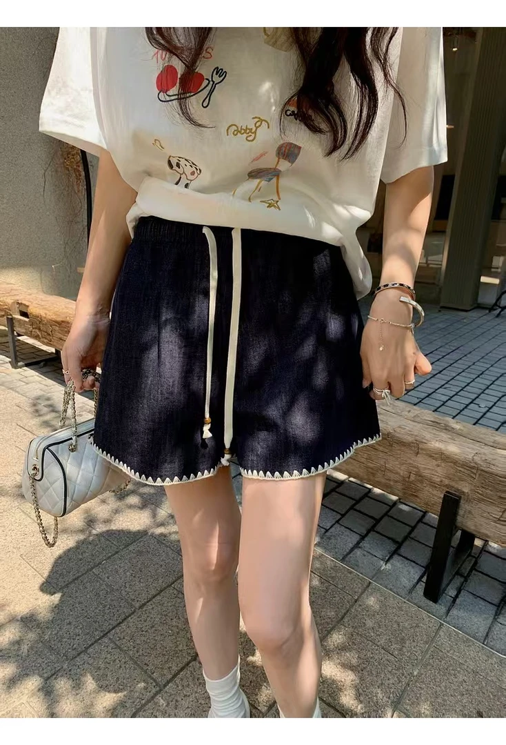 高腰通勤风常规款夏季短裤牛仔裤阔腿裤卷边ins韩版