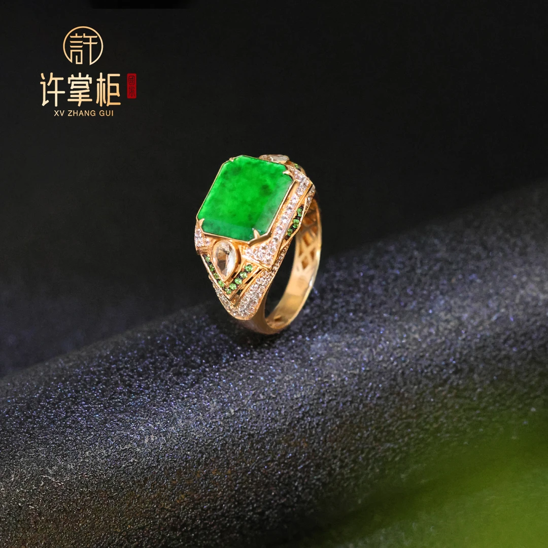 许掌柜｜翠方瑞戒 18K金翡翠方牌戒指天然缅甸翡翠A货平安无事配饰