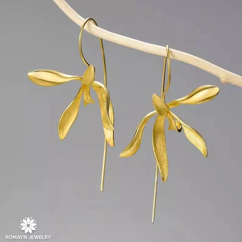 2025新款爆款兰花自然花朵耳环复古经典耳坠独特个性百搭时尚耳饰