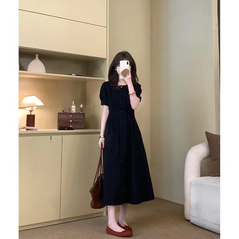 高级感小个子短袖连衣裙女夏季中长款法式高腰开衫裙子A字小黑裙