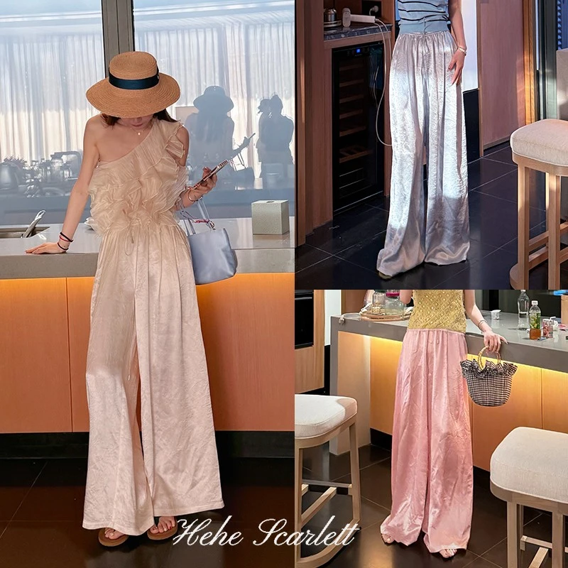 【4月第二期】你的呵呵 素绸进口醋酸绉感肌理流光缎面松弛直筒长裤