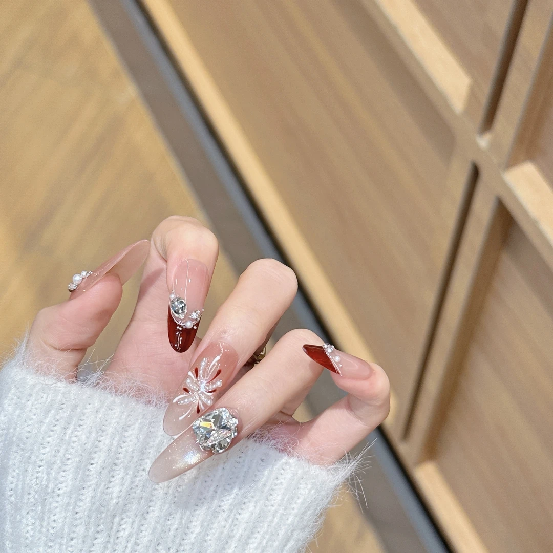 【星辰烟花】纯手工穿戴甲璀璨酒红穿戴美甲超仙手绘高级感指甲贴