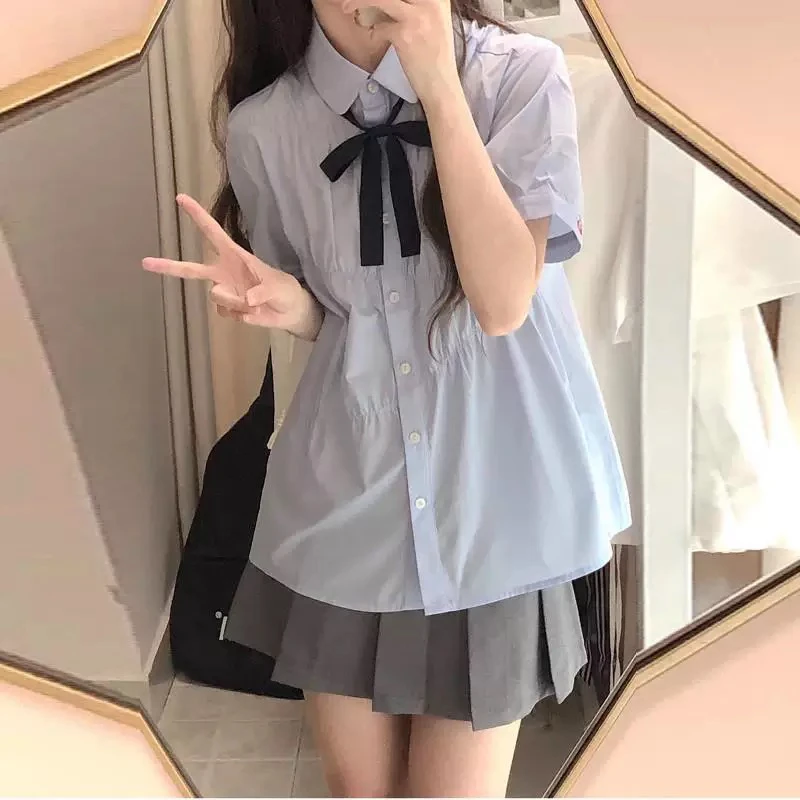 【莹莹推荐】蓝色衬衫女上衣学院风jk制服套装夏季短袖衬衣