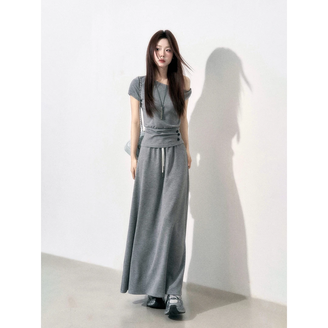 【小野莓】法式气质休闲斜肩绑带a字收腰显瘦洋气高级感套装BT58122