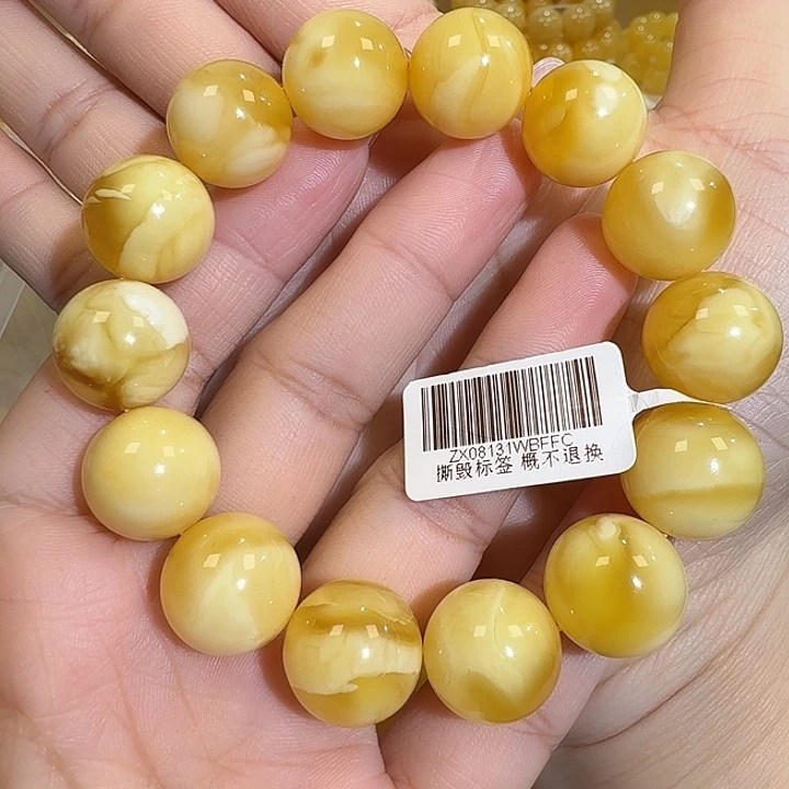 琥珀未镶嵌手链15m+橘黄花蜡圆珠手串31