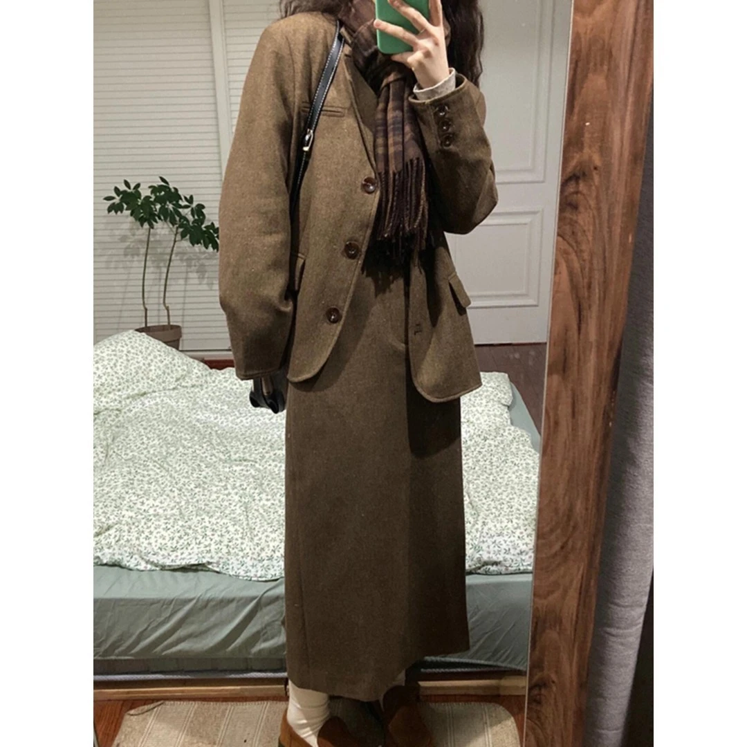 美拉德毛呢西装套装女秋冬高级感学院风复古时尚外套半身裙两件套