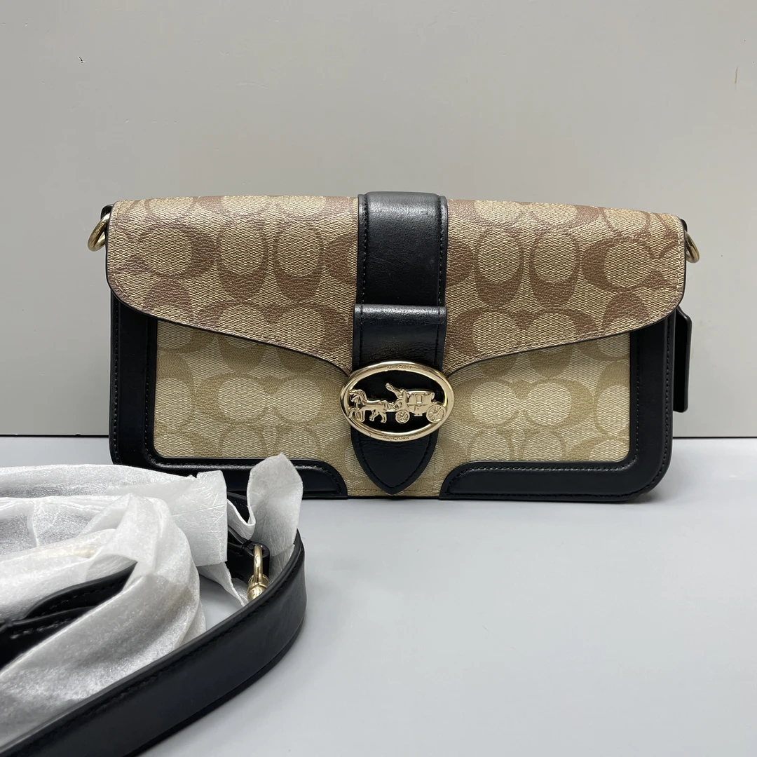 90新 COACH/蔻驰 小林/georgie27黑拼老花酒神包27*14*7cmB091602