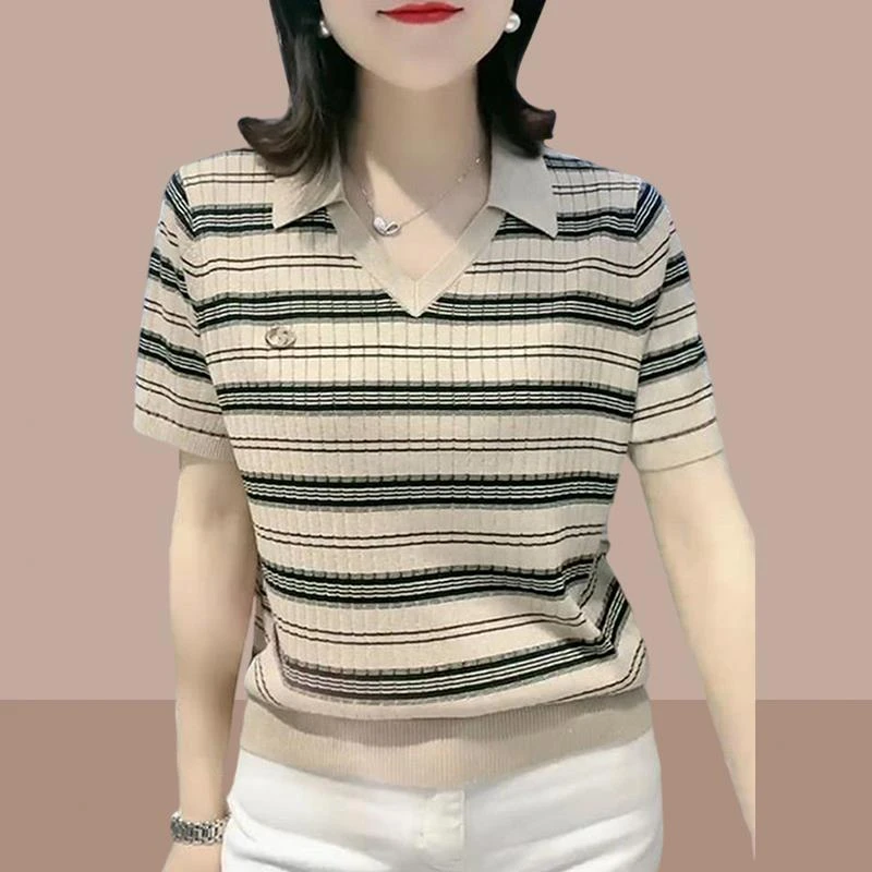 冰丝针织衫女短袖t恤2025夏季新款polo衫中年妈妈女装爆款小个子