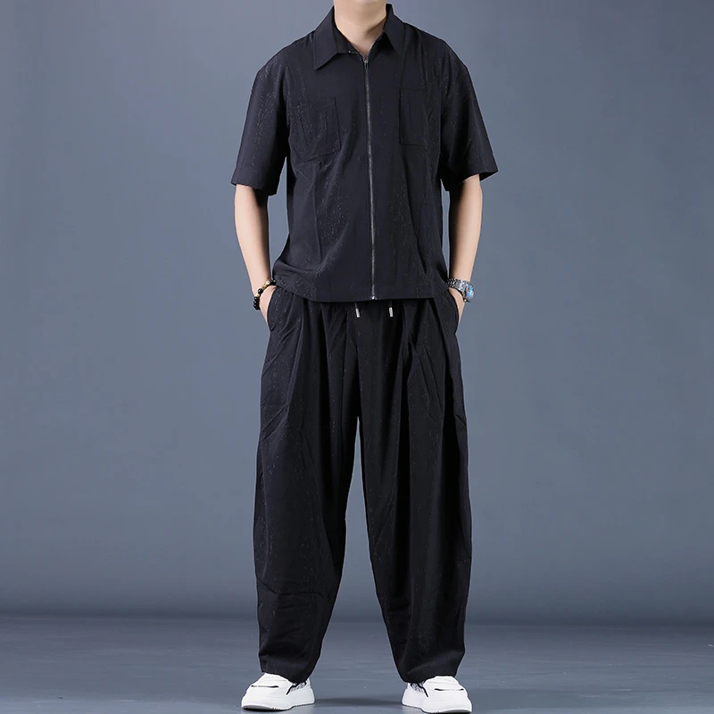 夏季暗黑系宽松格子五分袖衬衫裤子休闲套装男潮牌发型师两件套潮