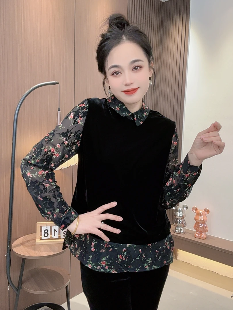 不起球成人拼接碎花植绒冬季衬衫秋冬修身时尚中国风1719