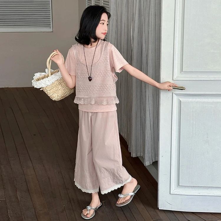 女童夏季套装2025新款洋气时髦儿童夏装超好看女大童短袖t三件套