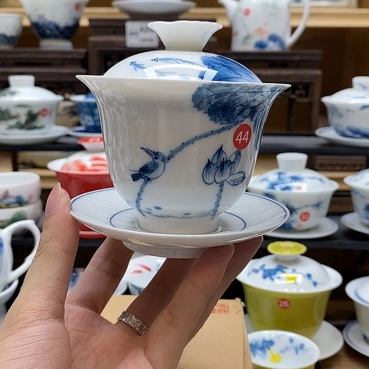 手绘荷花翠鸟盖碗160cc釉下彩微瑕福利款