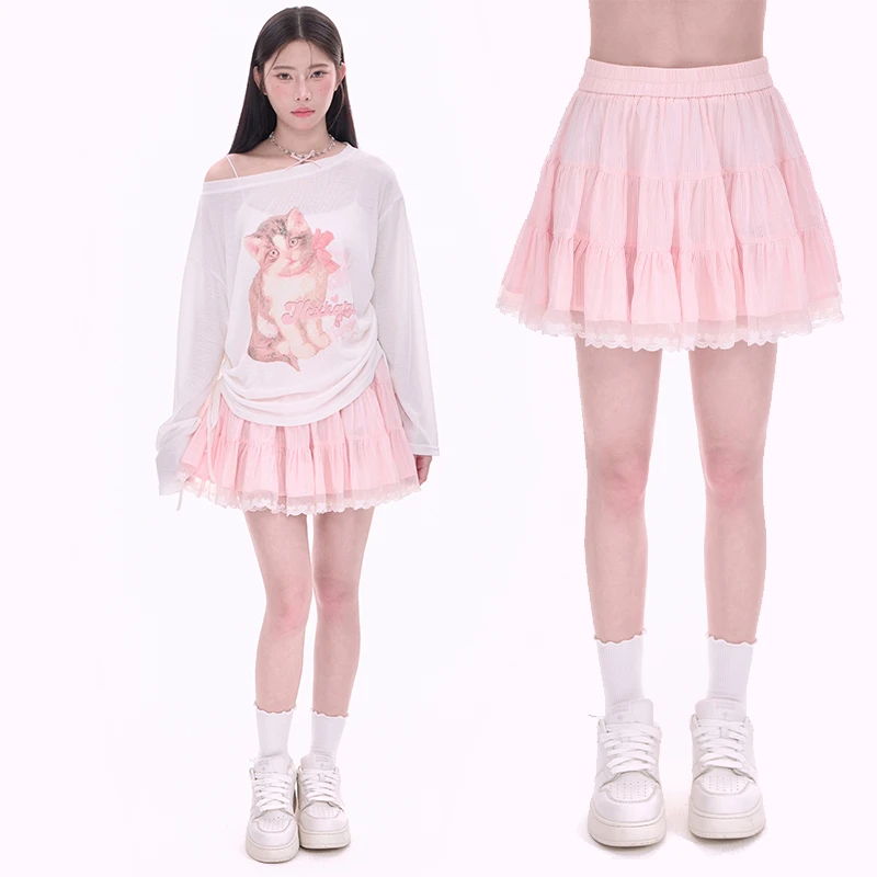 【NCXK】大裙摆蓬蓬裙蕾丝花边重工短裙甜美少女防走光裤裙QZ25029