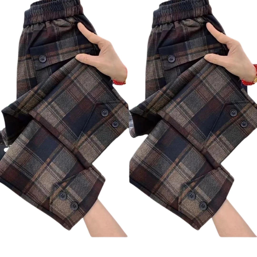 012设计感松紧腰休闲裤子红色格子休闲裤女新款高腰显瘦百搭洋气