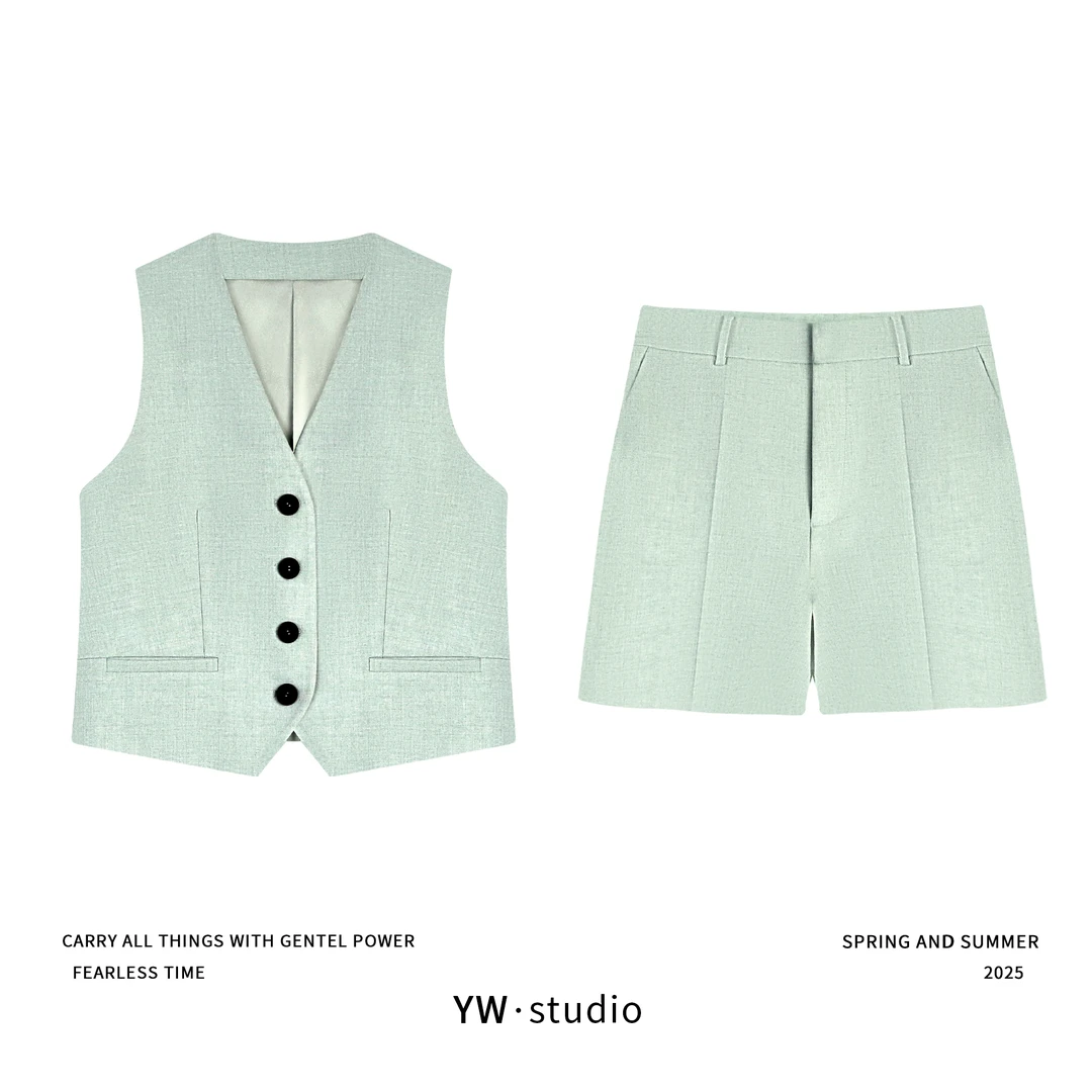 YUWEI/定制 高智感老钱风亲肤无袖马甲CYP25207+短裤CYP25208套装