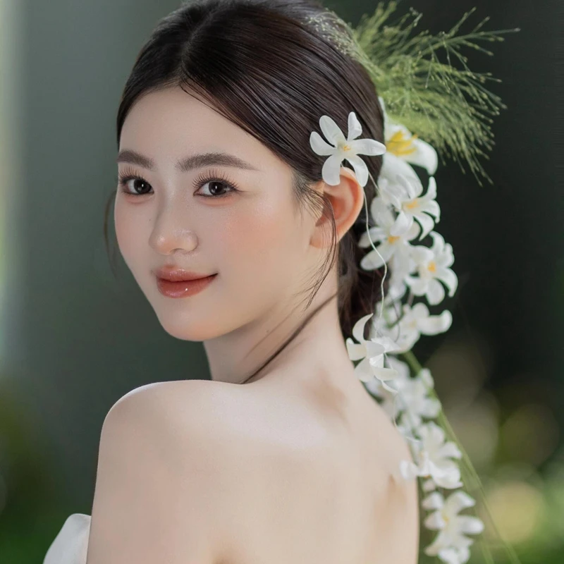 水舞B2981甜美春日花朵白色手工发条发带户外婚礼森系新娘发饰品